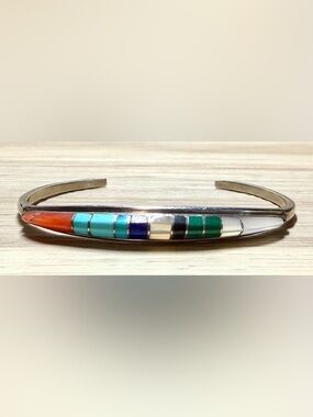 Vintage Zuni CEKH Sterling Silver Multi-Stone Inlay Cuff Bracelet, 6.25"